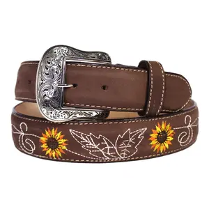 Leather Sunflower Belt w/ Silver Buckle - Café