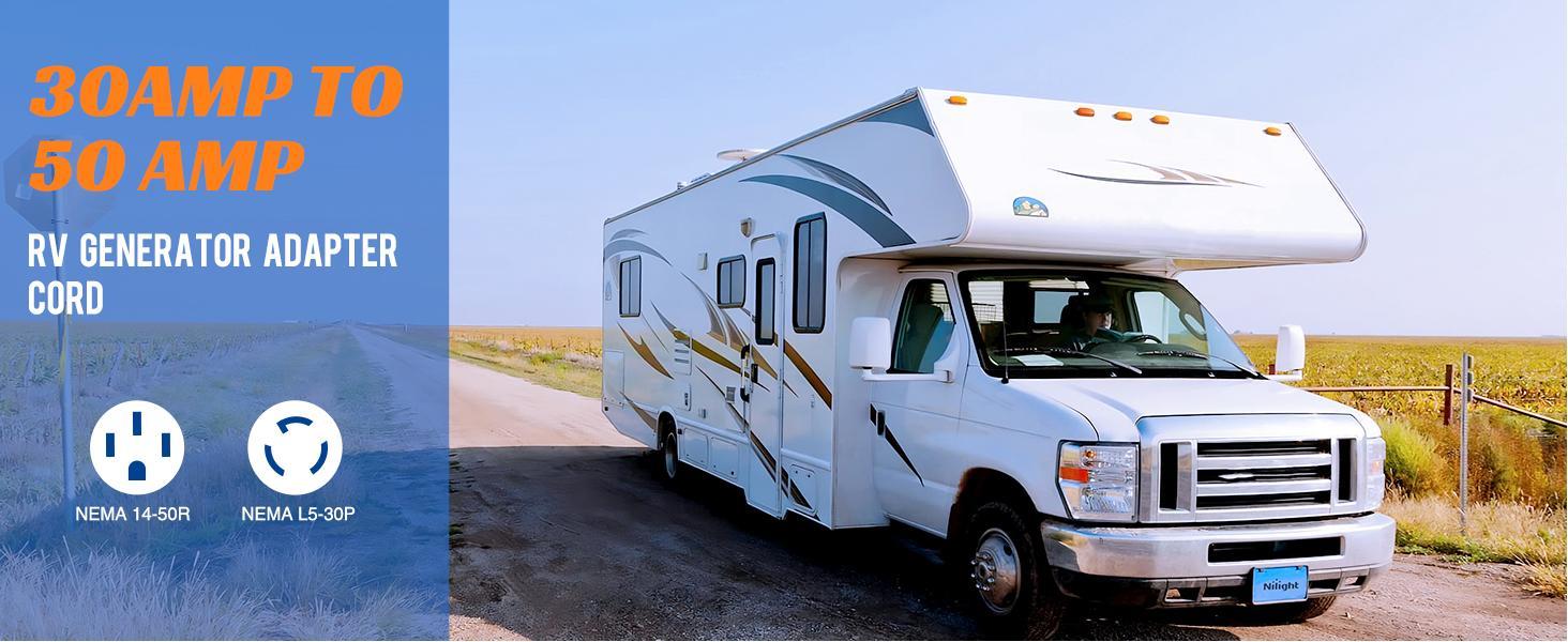 Nilight RV Generator Adapter Cord 30Amp to 50Amp 3 Prong Pure Copper Heavy Duty Twist Lock Male Plug 10 Gauge Wire L5-30P 14-50R 30M/50F for RVs Camper Caravan Van Trailer Nilight RV Generator Adapter Cord 30Amp to 50Amp 3 Prong Pure Copper Heavy Duty Twist Lock Male Plug 10 Gauge Wire L5-30P 14-50R 30M/50F for RVs Camper Caravan Van Trailer