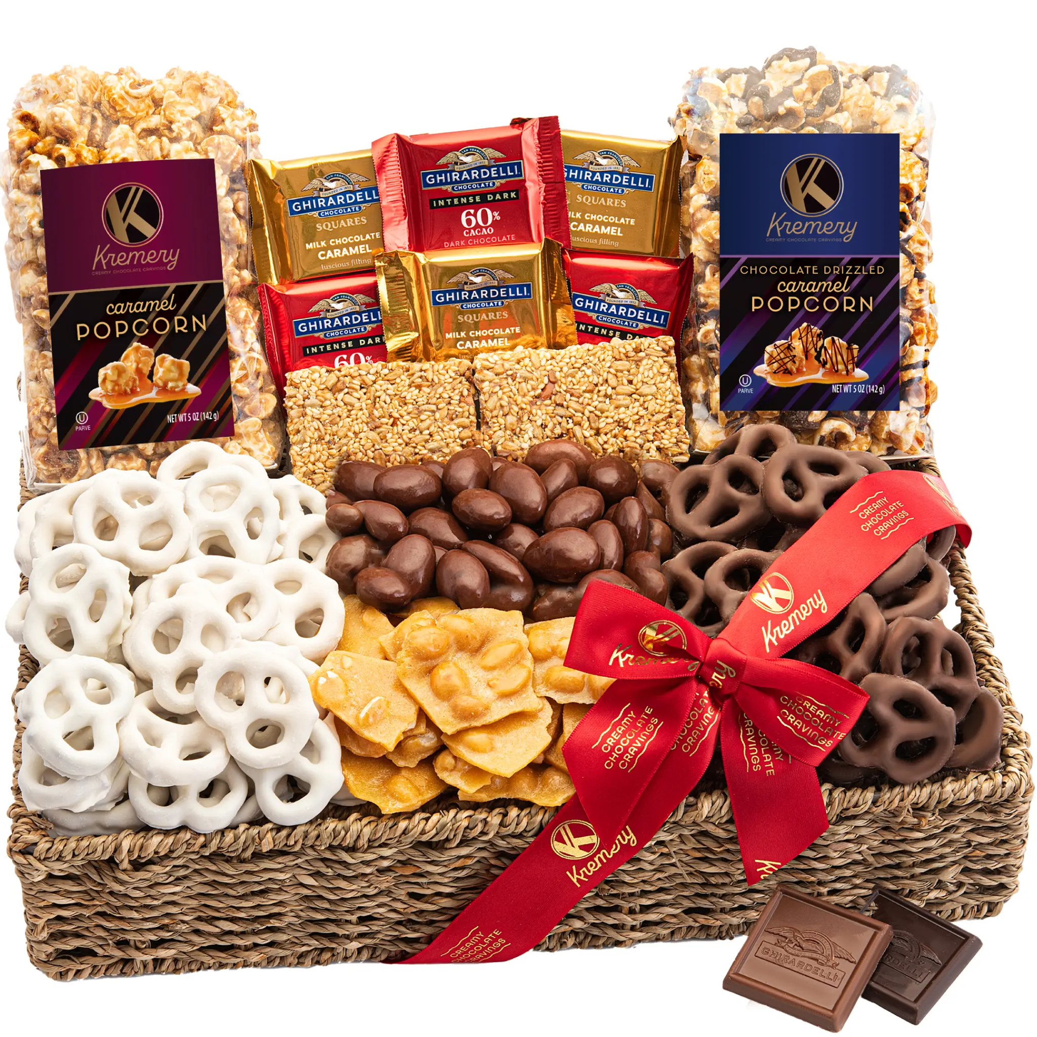 Creamy Chocolate Cravings Gift Basket - Chocolate Covered Pretzels & Caramel Popcorn Gift Basket, in Seagrass Tray