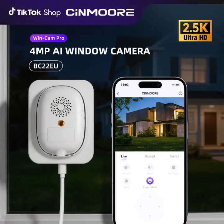 CINMOORE 4MP 2.5K Cordless Smart Wi-Fi Window Indoor Digital Camera - Home Security System, AI Full Color Night Vision, Motion Sensor, Person Detection, Easy Quick Install, SD Card&Cloud Support, 2.4GHz, Wall Mount