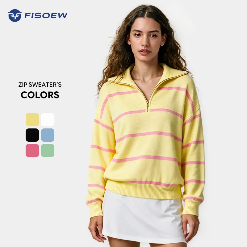 Fisoew Women's Vintage Light Denim Fabric Color Block Striped Quarter-Zip Lapel Collar Drop Shoulder Long Sleeve Oversized Knitwear Pullover Top, Casual Ribbed for Back to School Shopping