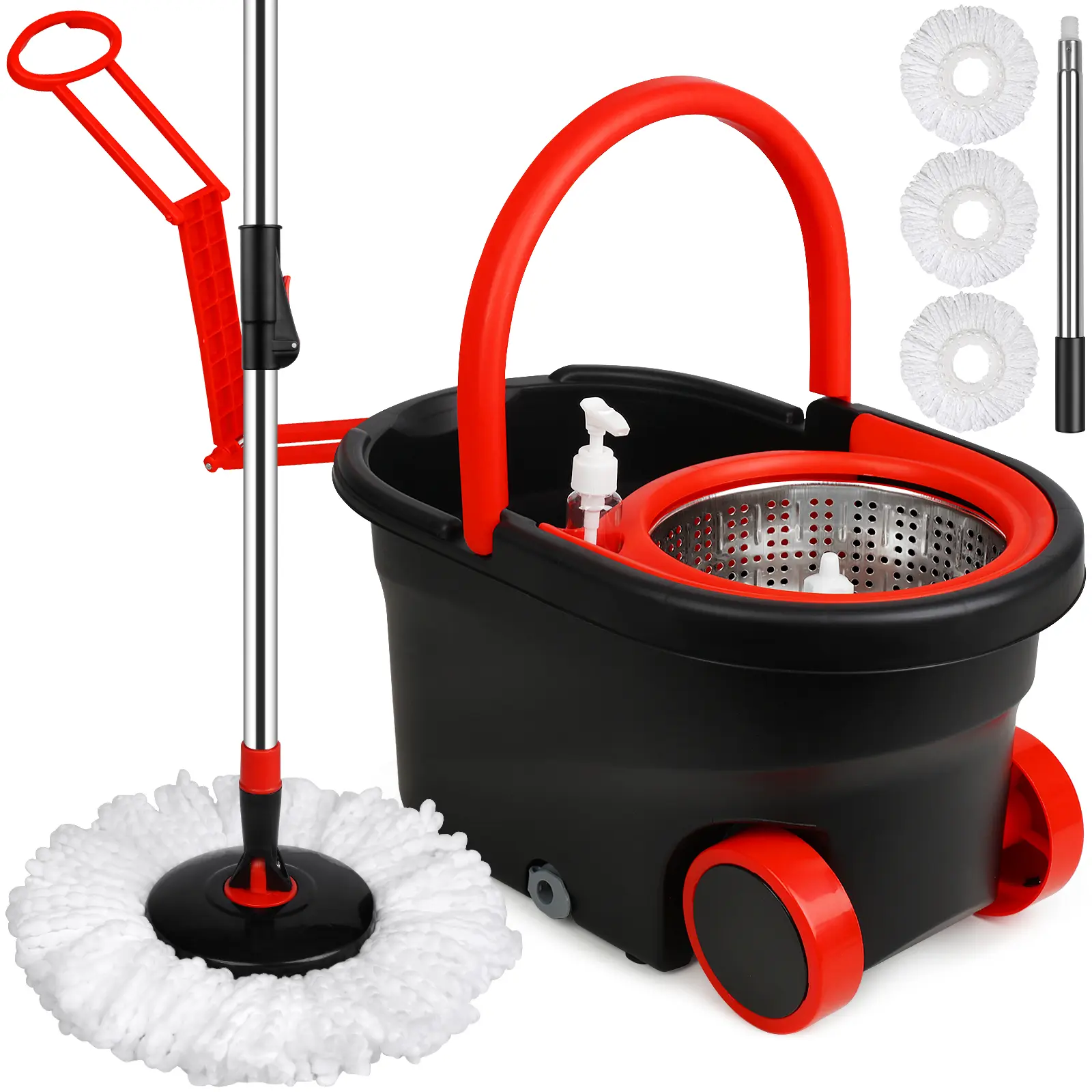 360° Spinning Mop Bucket System with 3 Microfiber Mop Replacement Heads and 61" Stainless Steel Adjustable Handle for Floor Cleaning