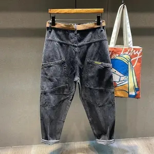 2025 Korean Men's wide Jeans Spring/Autumn  Big Pockets Cargo Pants Men's Japan  Straight Loose High Street Tapered Denim Pants