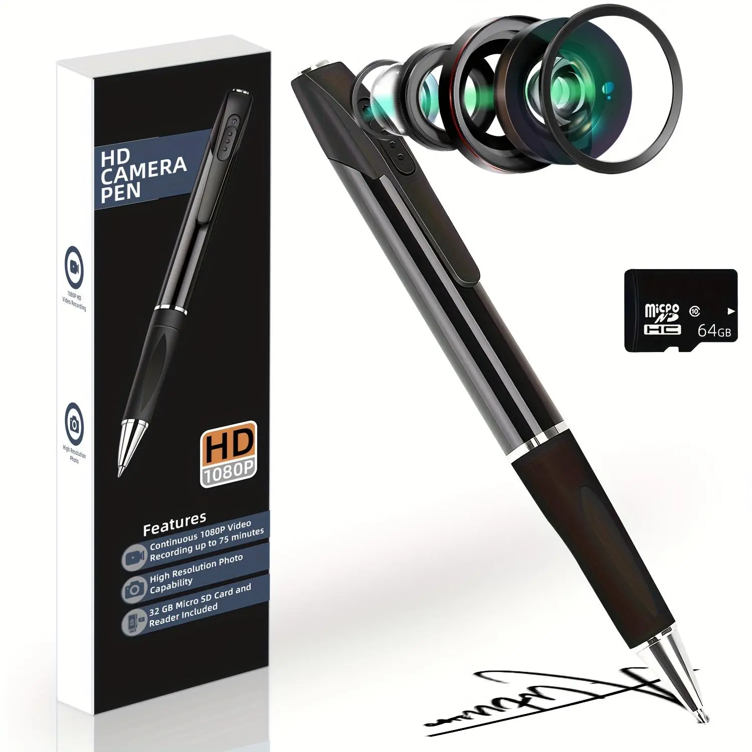 HD Body Pen Camera 1080P Portable Security Camera with 64GB Memory Card for Lectures Class Office Business Meeting Indoor Outdoor Surveillance Motion Detection Loop Recording