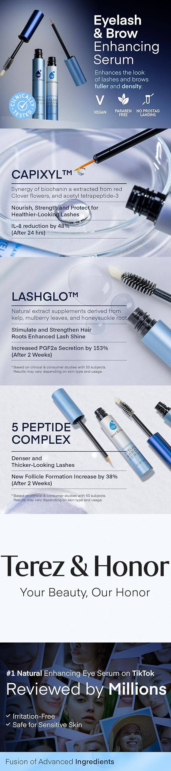 Terez and Honor Advanced Eyelash Serum and Eyebrow Growth Serum for Thicker, Longer Eyelashes and Eyebrows - Grow Luscious Lashes with Brow Enhancer