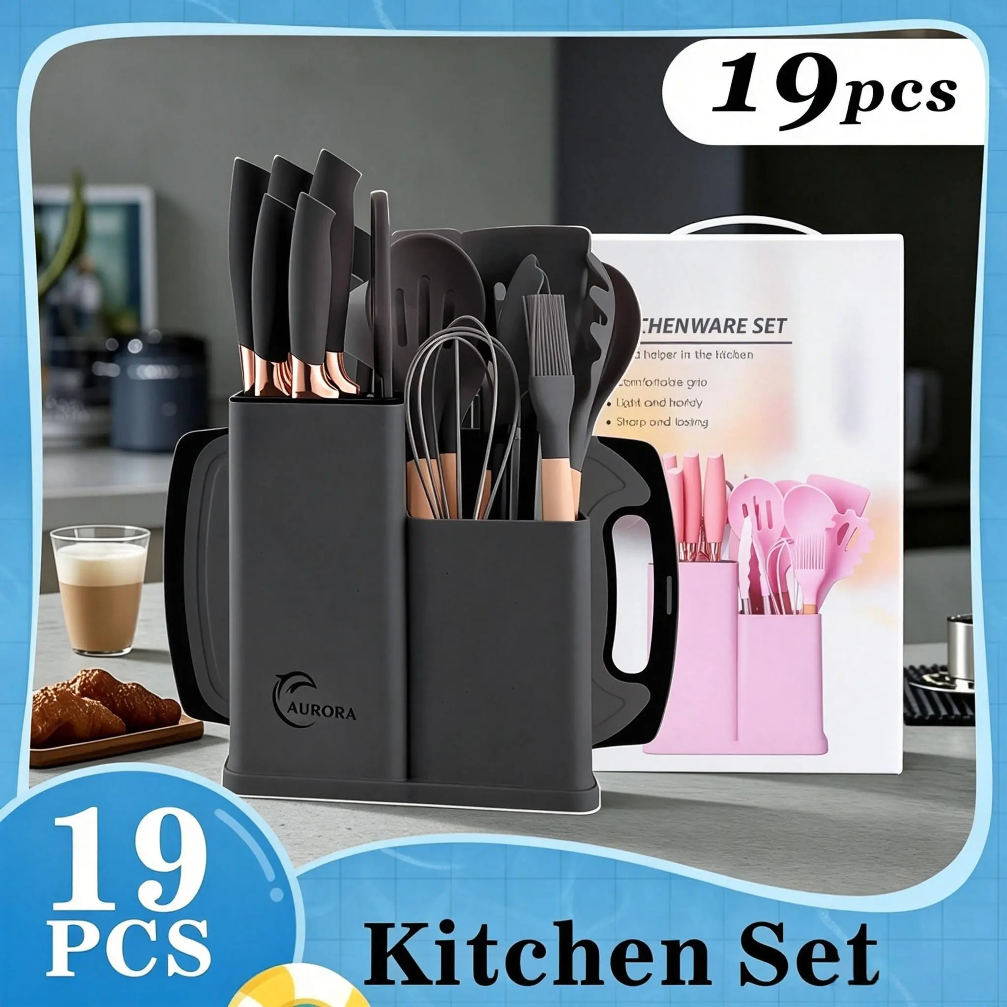 19-Piece Heat-Resistant Silicone Cutlery Set with Wood Handles, Non-Stick-Friendly Kitchen Gadget, Hanging Utensils, Easy to Cook and Clean, Ideal for Home Use