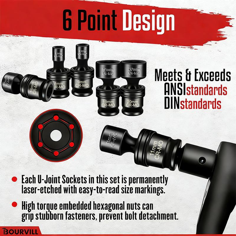 15-Piece 3/8" Drive Shallow Universal Impact Socket Set, 6-Point, Metric, 8-22mm, 15-Piece Swivel Socket Set, Metric Flexible Wobble Sockets, CR-MO Steel