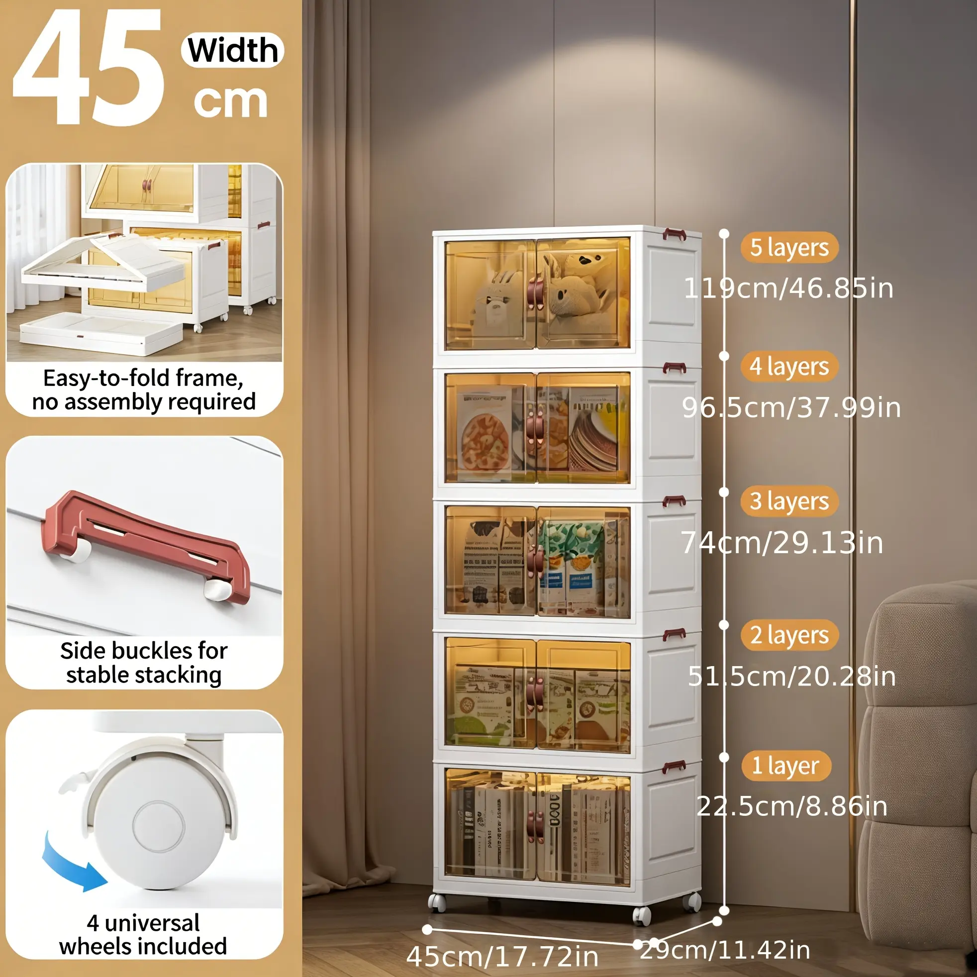 45 cm wide / 5-tier cabinet - white tea color