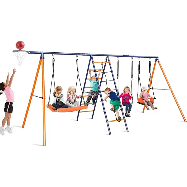 6-in-1 Heavy-Duty Metal Outdoor Play Set for Kids Outdoor Play, 700 lbs Capacity Backyard Swing Set with Larger Adjustable Stand, 3 Swings, Climbing Ladder, Climbing Net, Basketball Hoop, Outdoor Play Sets,SummerWins tiktokshopbacktoschool