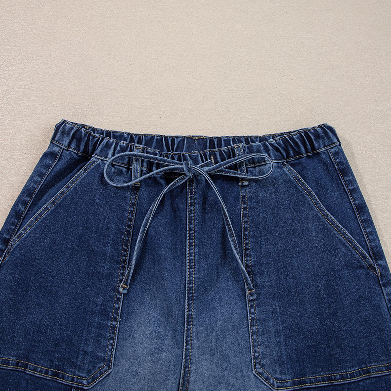 Women’s Drawstring High Waist Patched Big Pockrt Raw Hem Seam Detail Casual Wide Leg Denim Pants for Dailywear