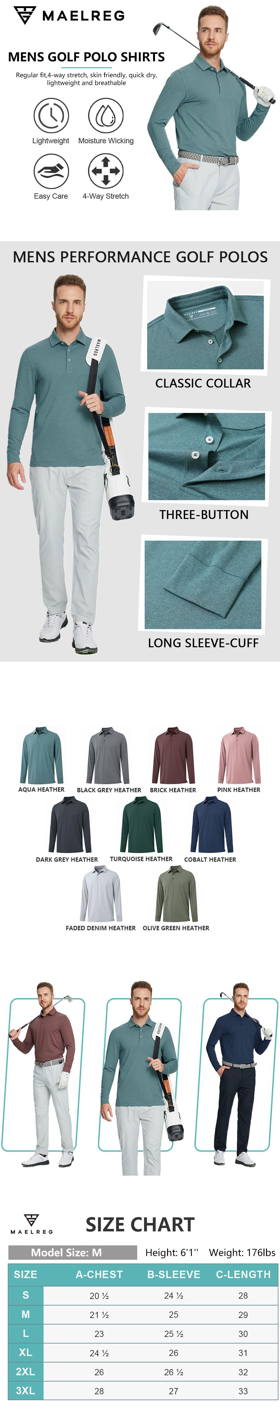 MAELREG Men's Golf Polo Shirt Long Sleeve Performance Dry Fit Moisture Wicking Heather Collared Casual Sports Top SpringStatements
