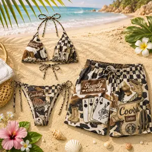 Women’s Western Cowboy Bikini Set – Coors Print Rodeo Swimwear, Vintage Howdy Graphic Triangle Bikini, Sexy Beach Outfit Summer Vacation 2026 | Men’s Hawaii Shorts Tropical Cowboy Style (Sold Separately)
