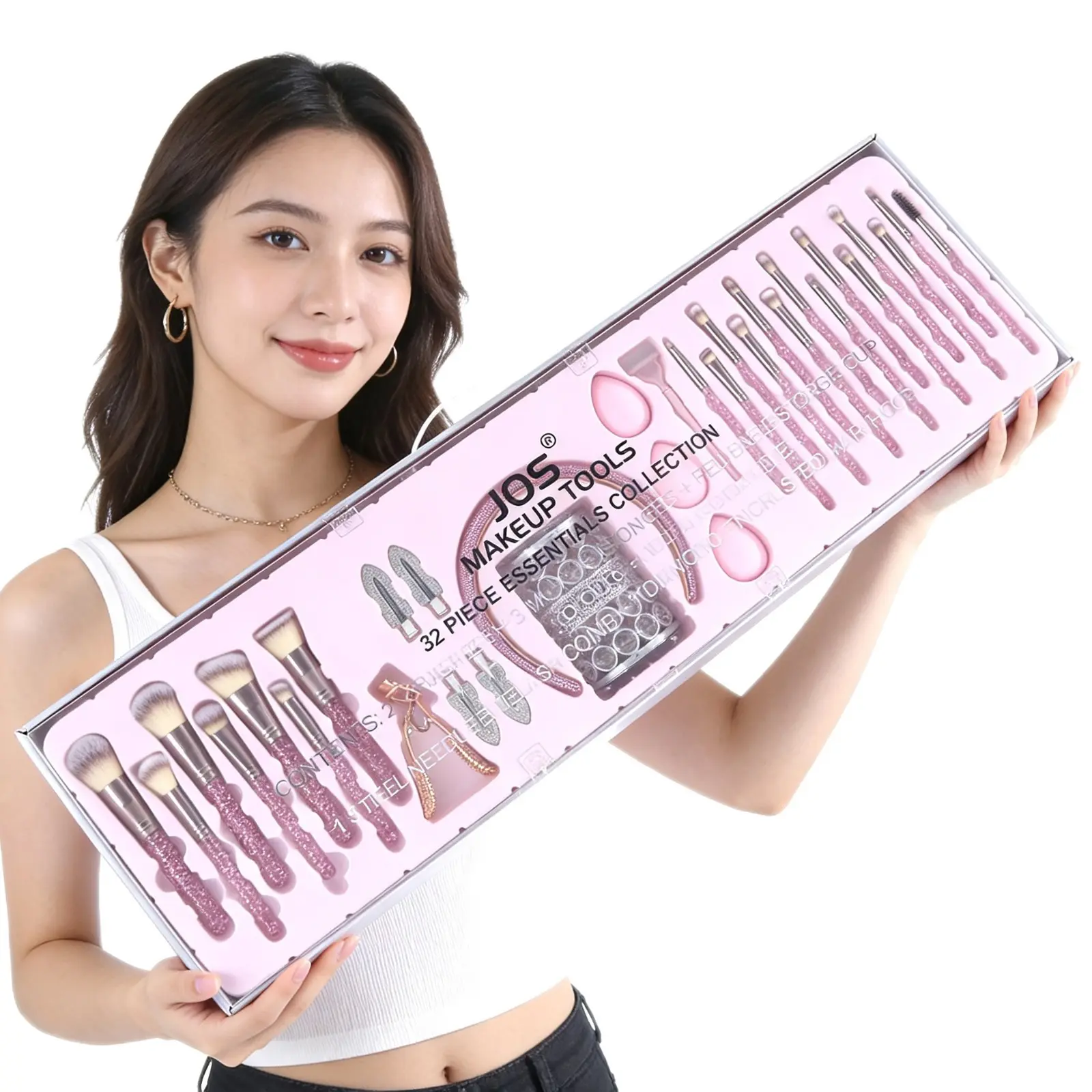 32-Piece Soft Nylon Makeup Brushes Set with Diamond Crystal Handle, Makeup Tools Set for Professional & Everyday Use – Includes Portable Leather Pouch, Headband, Precision Tweezers, Eyebrow Pencil, Angled Concealer Brush, Soft Makeup Brushes