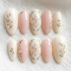 Blush Floral Cross Nails | Christian Press On Set | Handmade Almond Coffin Reusable Wedding Nails