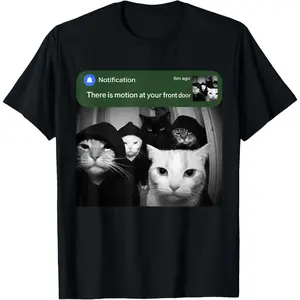 Women's funny cats at front door motion detection Graphic T-Shirt - Short Sleeve Crew Neck Regular Fit Casual Wear | Soft & Breathable Fabric, Durable Print, Everyday Comfort, Machine Washable