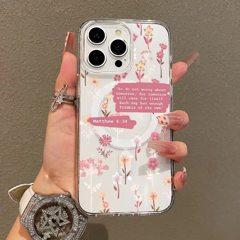 MagSafe Magnetic Clear Phone Case for iPhone 18 17 16 15 14 13 12 Samsung S26 S25 S24 S23 S22,Delicate Pink Floral Print With Matthew 6:34 Bible Verse Inspirational Quote Design,Soft Transparent Shockproof Anti-Scratch Protective Cover,Gentle