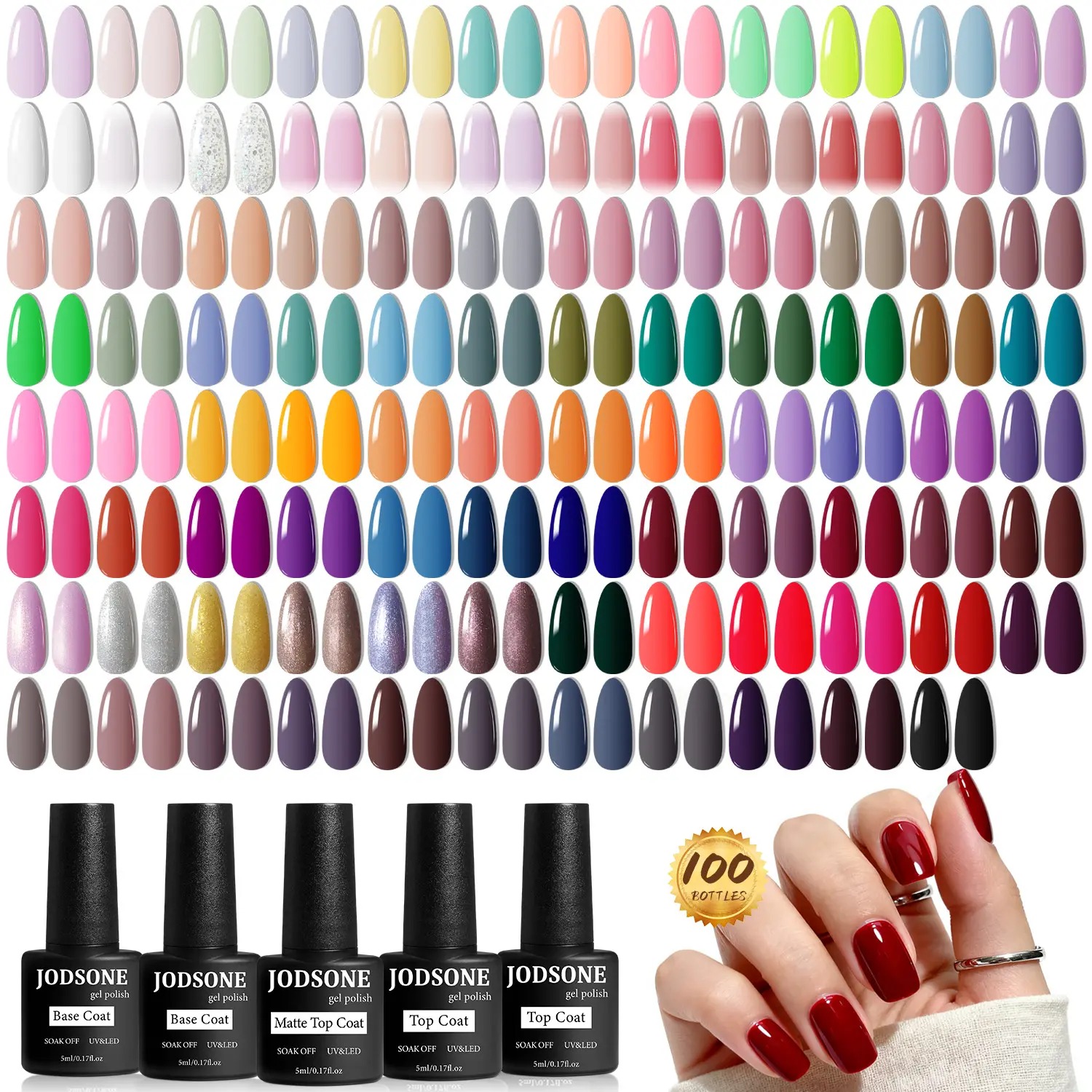 JODSONE 100-Piece Soak-Off Nail Kit with 95 Shades, Base, Glossy & Matte Top Coats, Long-Lasting Lacquer with Improved Brush - Nail Tech Supplies & Beauty Products, Cosmetic, Gel Nail Polish