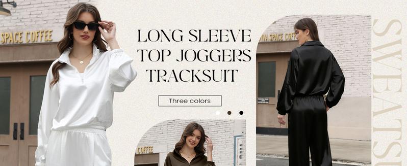 Yimoon Womens Zip 2 Piece Outfit Set Silk Satin Lounge Set Silky Long Sleeve Top Joggers Tracksuit Sweatsuit