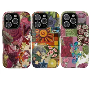 Whimsical Boho Smartphone Casing, Protective Cellphone Accessories, Handheld Artistic Collage Cover for iPhone 7-17 & S21-S25, Gecko Frog Stars Flowers Mushrooms Design, Vintage Fantasy Nature Aesthetic, Colorful Handmade Retro Case