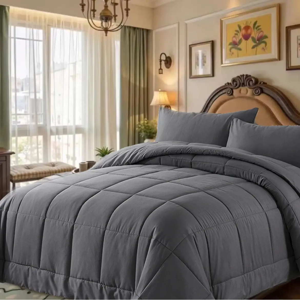 【Deals for You Days】DOWNCOOL 3pcs Lightweight bed Comforter Set for All Seasons, Bed in a Bag with 1 Comforter & 2 Pillowcases (Only 1 for Twin Size), Quilted Box-Stitch Design#tiktokshopmemorialday#DealsForYouDays Soft Bedding Sets