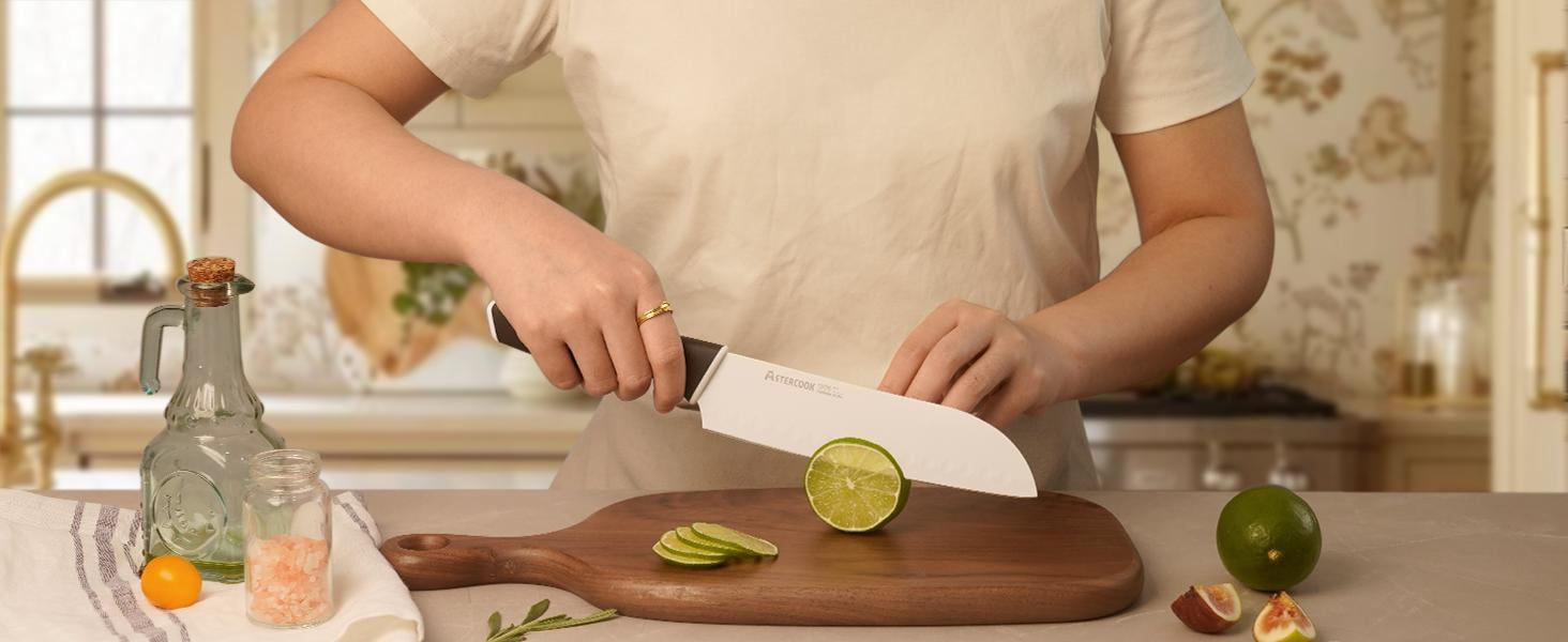 Astercook 14-Piece Kitchen Knife Set with Knife Block & Sharpener, Ceramic Coated Stainless Steel, Dishwasher Safe, Modern Home Cooking Cutting Carve