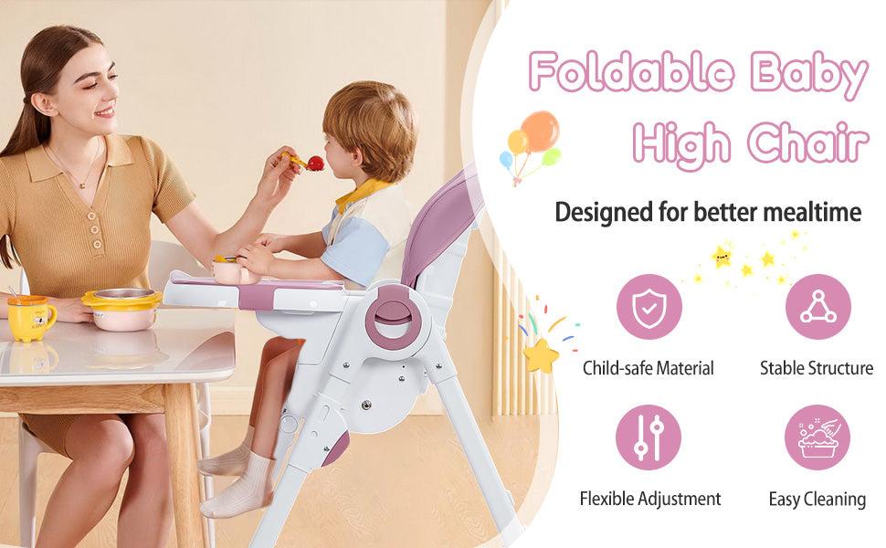 GARVEE Baby High Chair: Adjustable Height, Reclining Feature, Lightweight Aluminum Frame, Easy Clean Removable Tray, Foldable Design, Available in Lilac and Dark Gray, Ideal for Feeding and Playtime.