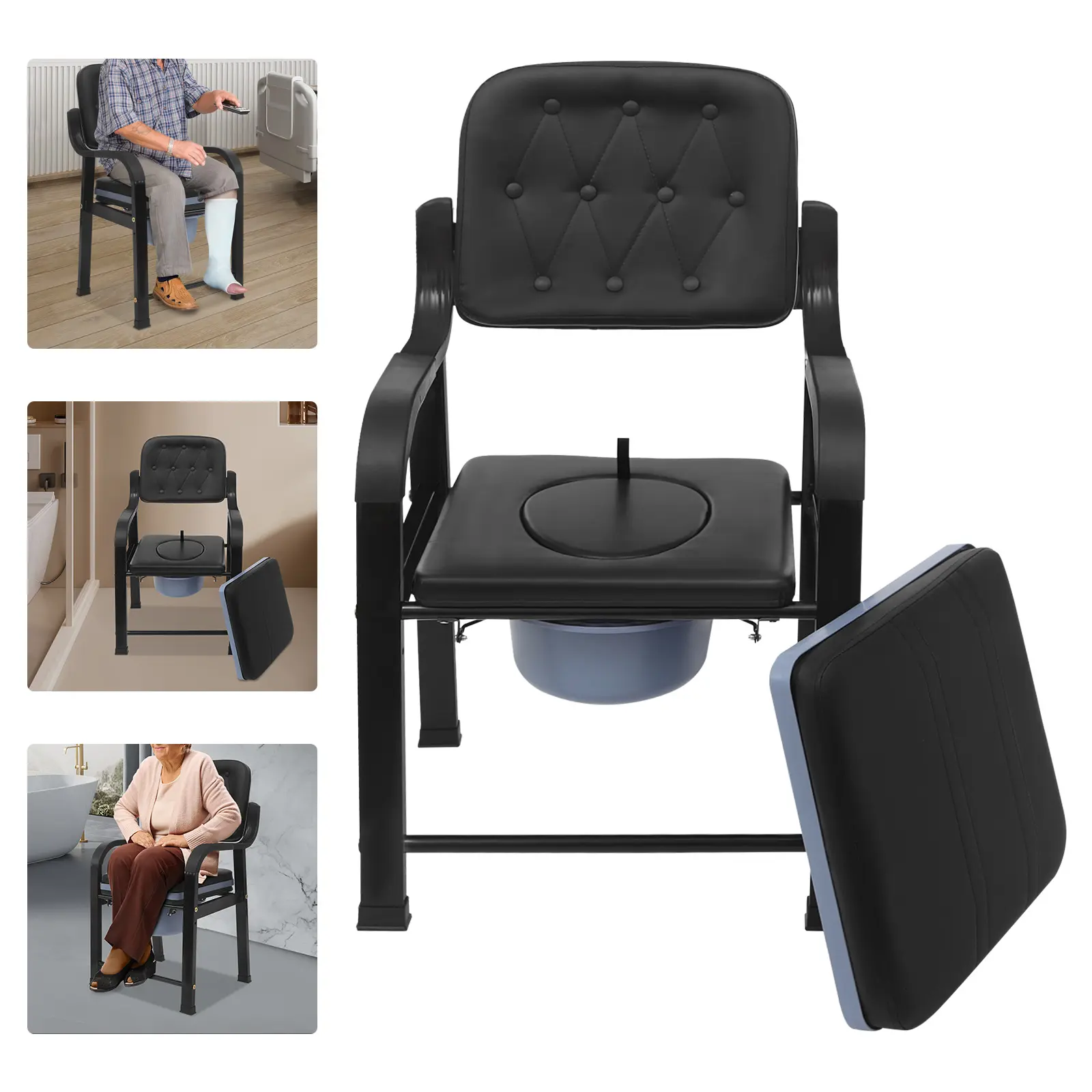 Modern Height-Adjustable Carbon Steel Bedside Commode Chair with PU Leather & Lid, 250kg Capacity, for Elderly, Disabled, Home Care, Toilets
