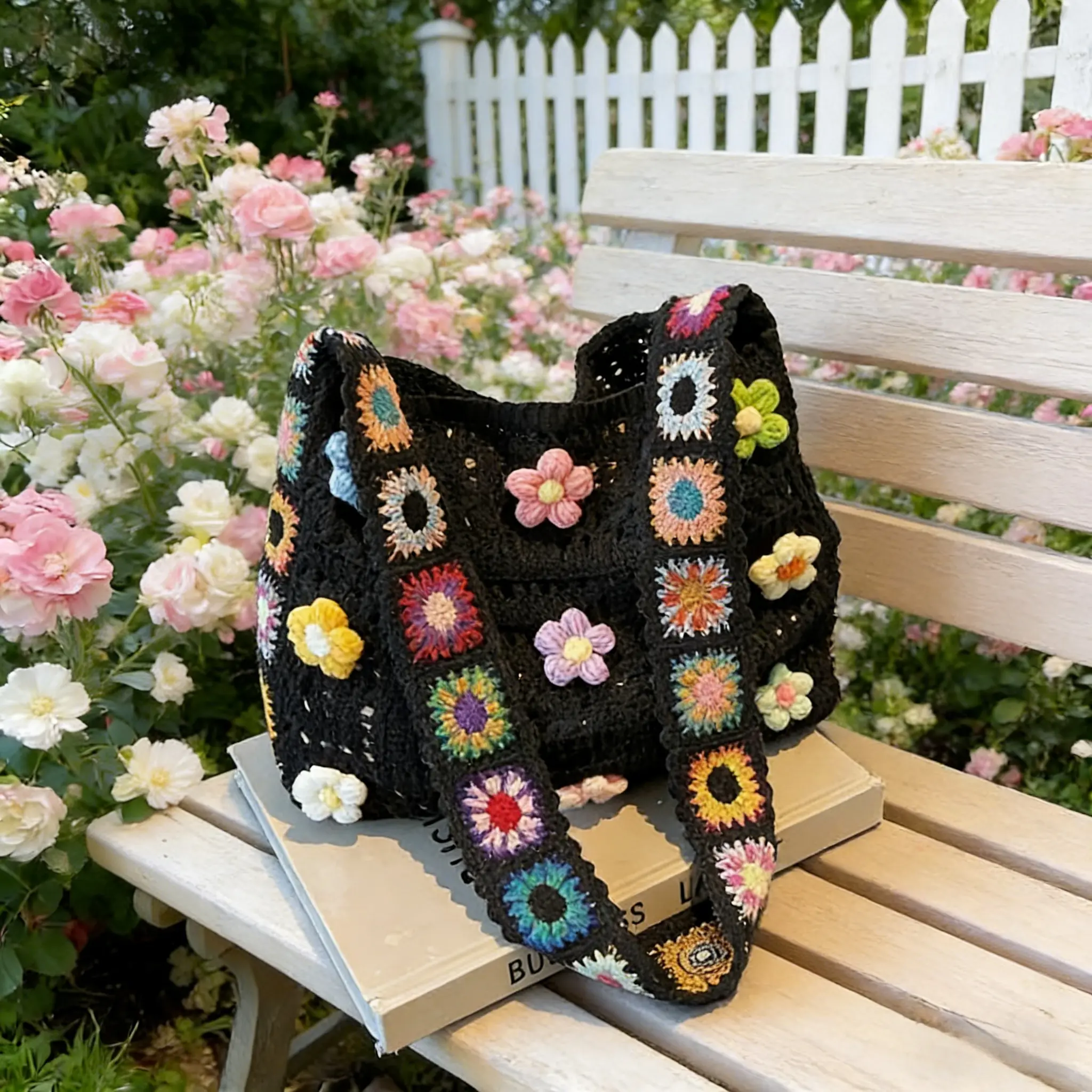 Women's Y2K Cottagecore Crochet Tote Bag, Handmade Wide Strap Hollow Out Knit Shoulder Bag, Floral Crochet Beach Bag