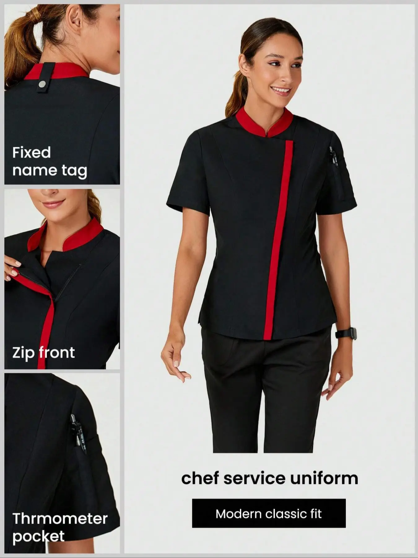 Women's Short Sleeve Stand Collar Patchwork Woven Fitted Formal Workwear Pocket Design Set, Pet Store Beauty Salon Chef Uniform, Casual Two-Piece Womenswear Everyday Clothes