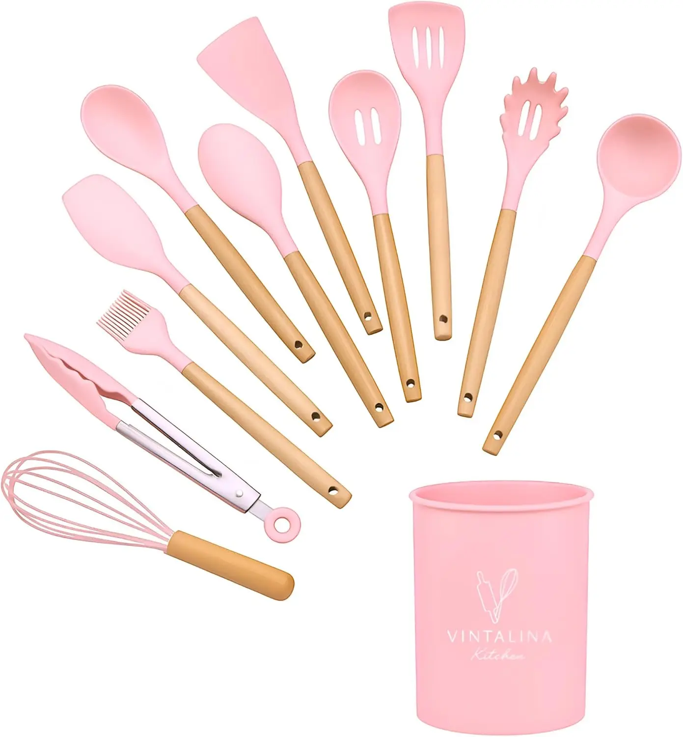 12 Piece Silicone Cooking Utensils Kitchen Utensil Set - 446°F Heat Resistant Silicone Kitchen Utensils Set, Spatula,Turner Tongs, Spoon, Whisk,Kitchen Gadgets for Nonstick Cookware, BPA Free (Pink)