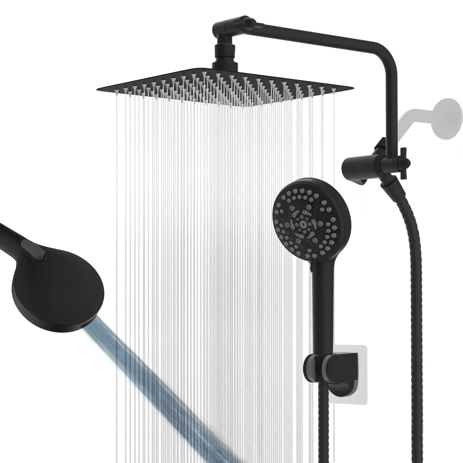 Rain Shower Head with Handheld Head High Pressure 10" Rainfall Showerhead + 7-Spray Handheld Showerhead Combo, 11" Shower Extension Arm, 71" Hose, 3 Settings Diverter, Matteblack,home essentials