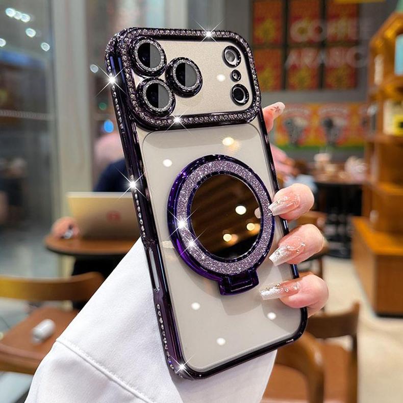 Women's Phone Case with Mirror & Stand for iPhone 12/13/14/15/16/17 Pro Max Plus Air Shiny Frame High-Definition Transparent Material Full-Body Drop-Resistant Design