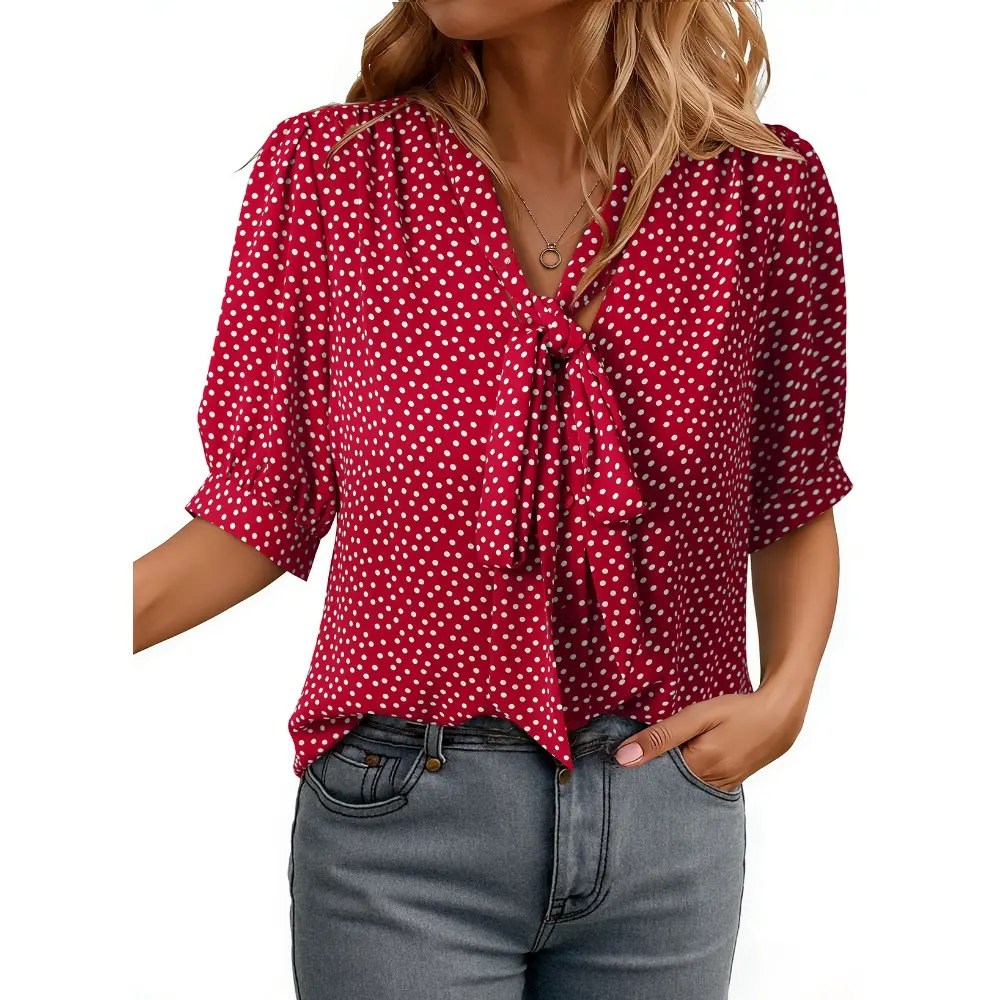 Dokotoo Blouses for Women Dressy Casual Short Sleeve Shirts Bow Tie Neck Work Tops Business Casual Outfits