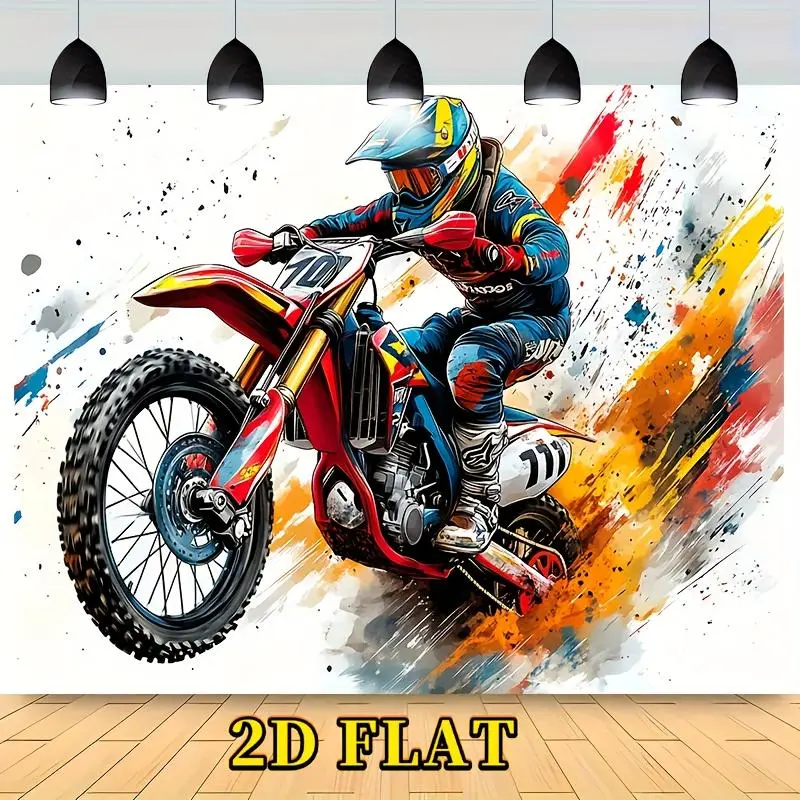 1pc Modern Stainproof Vibrant Motocross Rider Decorative Flat Banner - 2D Polyester Sports Print, Dirt Bike Action Scene, No Power Required, Versatile Decor for Motocross Fans' Holiday Parties, Dynamic White Design
