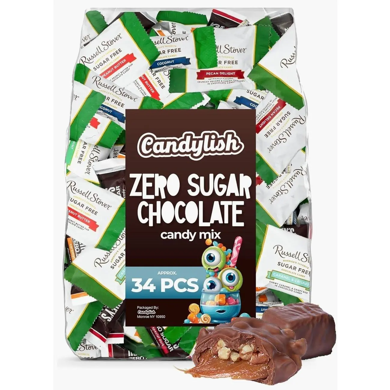 Zero Sugar Chocolate Candy Mix (Approx. 34 Pieces) - Russell Stover Assorted & Zero Sugar Bar Mix