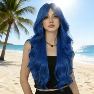 29inch Long Blue Wavy Wig Blue Wig for Women Long Curly Hair Wavy Bangs Fluffy Blue Wig Full Headpiece Suitable for Women's Middle Part Curly Wavy Wig Natural Look Suitable for Daily Use