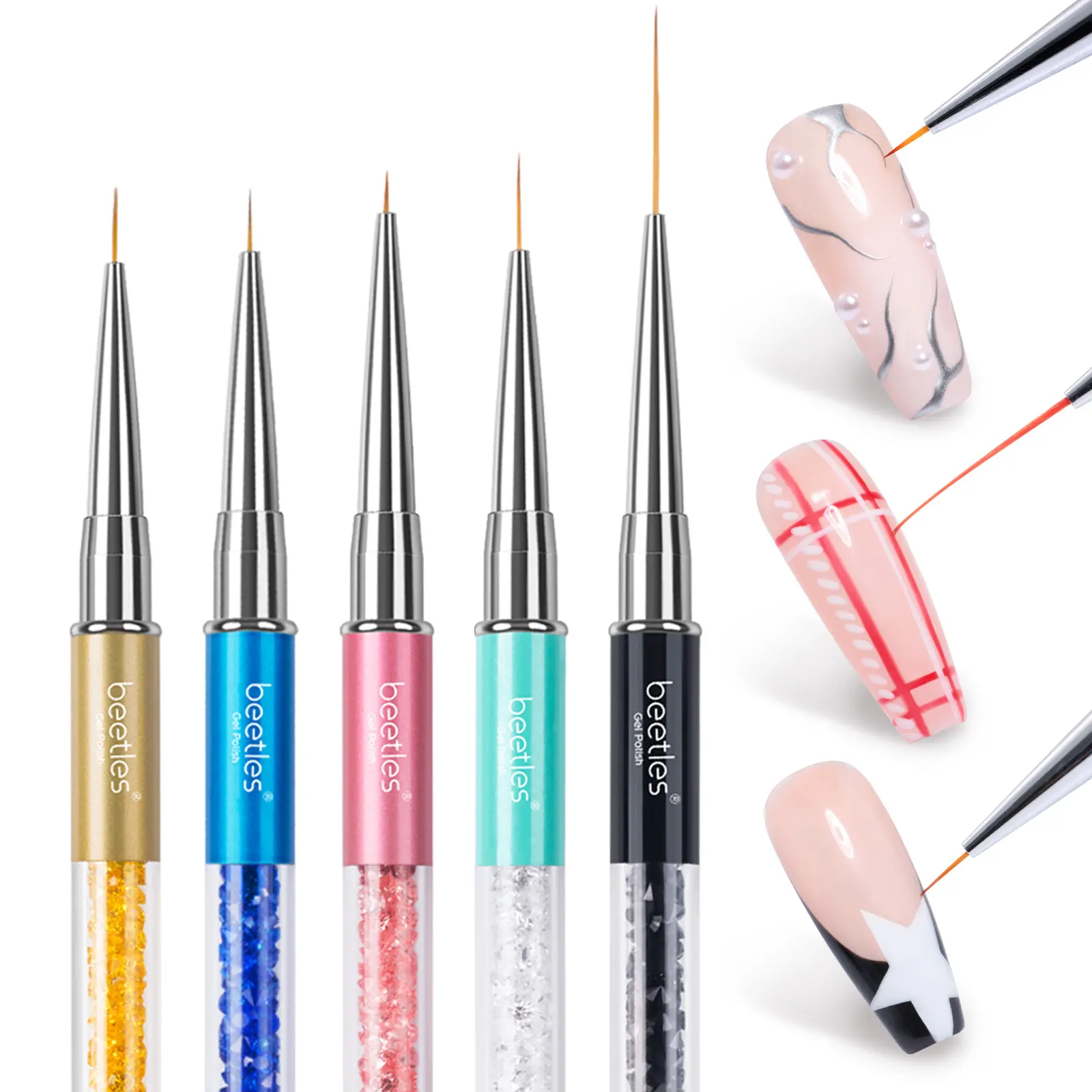 Beetles Gel Polish Nail Art Tools Liner Brushes 5Pcs Painting Art Design Pen Set Diamond Application Rhinestone Handle Dotting Drawing Sizes 5 7 9 11 20mm Nail Art Design Gift Nail Art Brush for Women