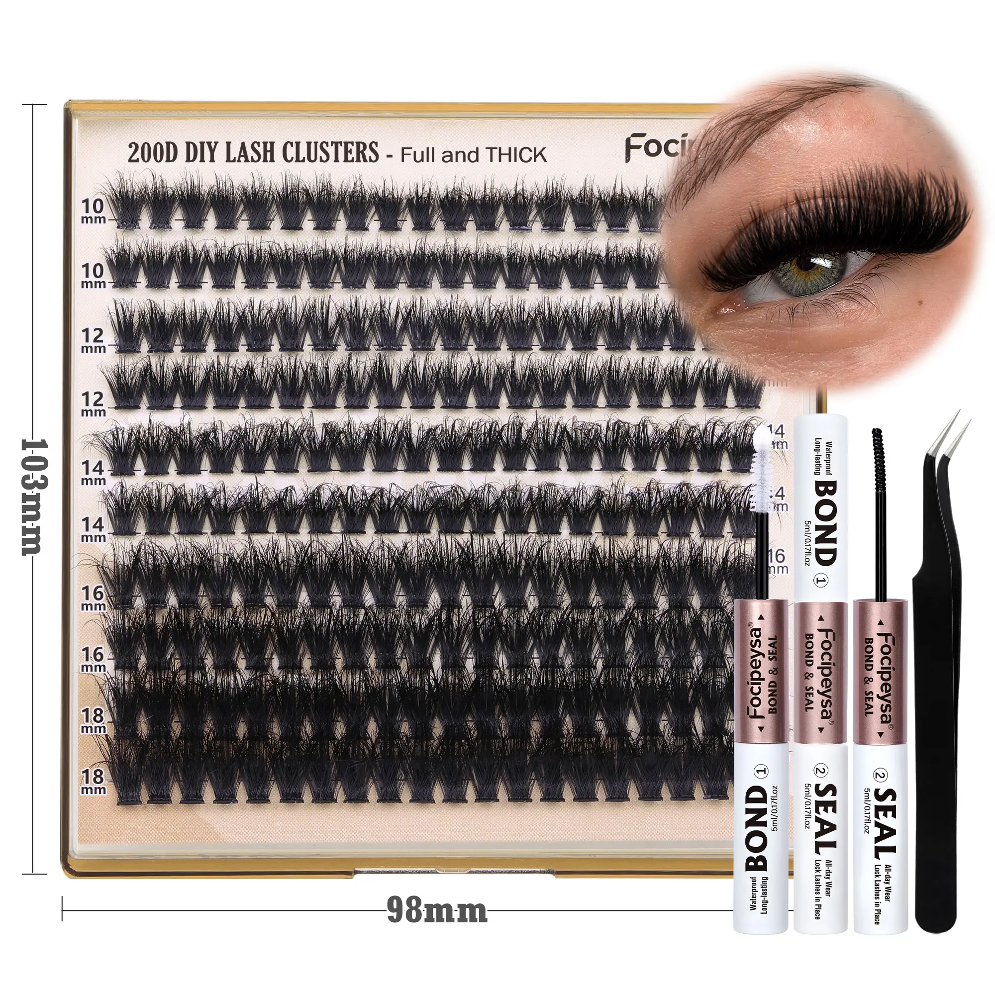 Focipeysa Lash Extension Kit D Curl Thick Eyelash Extension Kit 10-18mm Full Lash Clusters 200D Individual Eyelashes Kit with Lash Bond and Seal Lash Applicator, DIY Lash Extensions at Home Easy to Apply for Beginners TikTokShopBlackFriday,back to school