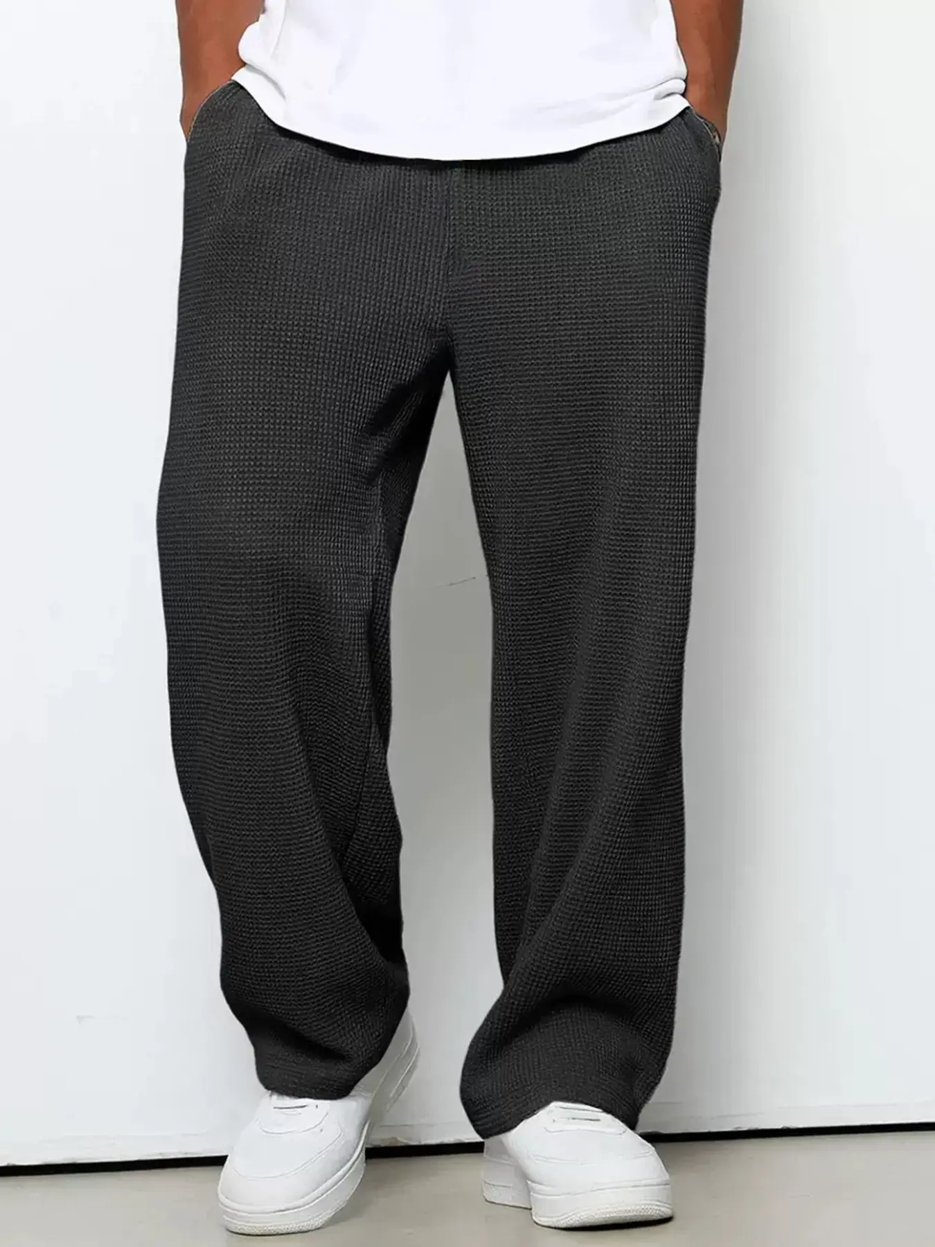 Men's Solid Plain Waffle Knit Drawstring Waist Straight Leg Pants, Regular Fit Casual Comfy Pocket Trousers for Spring & Fall, Men's Bottoms for Daily Wear