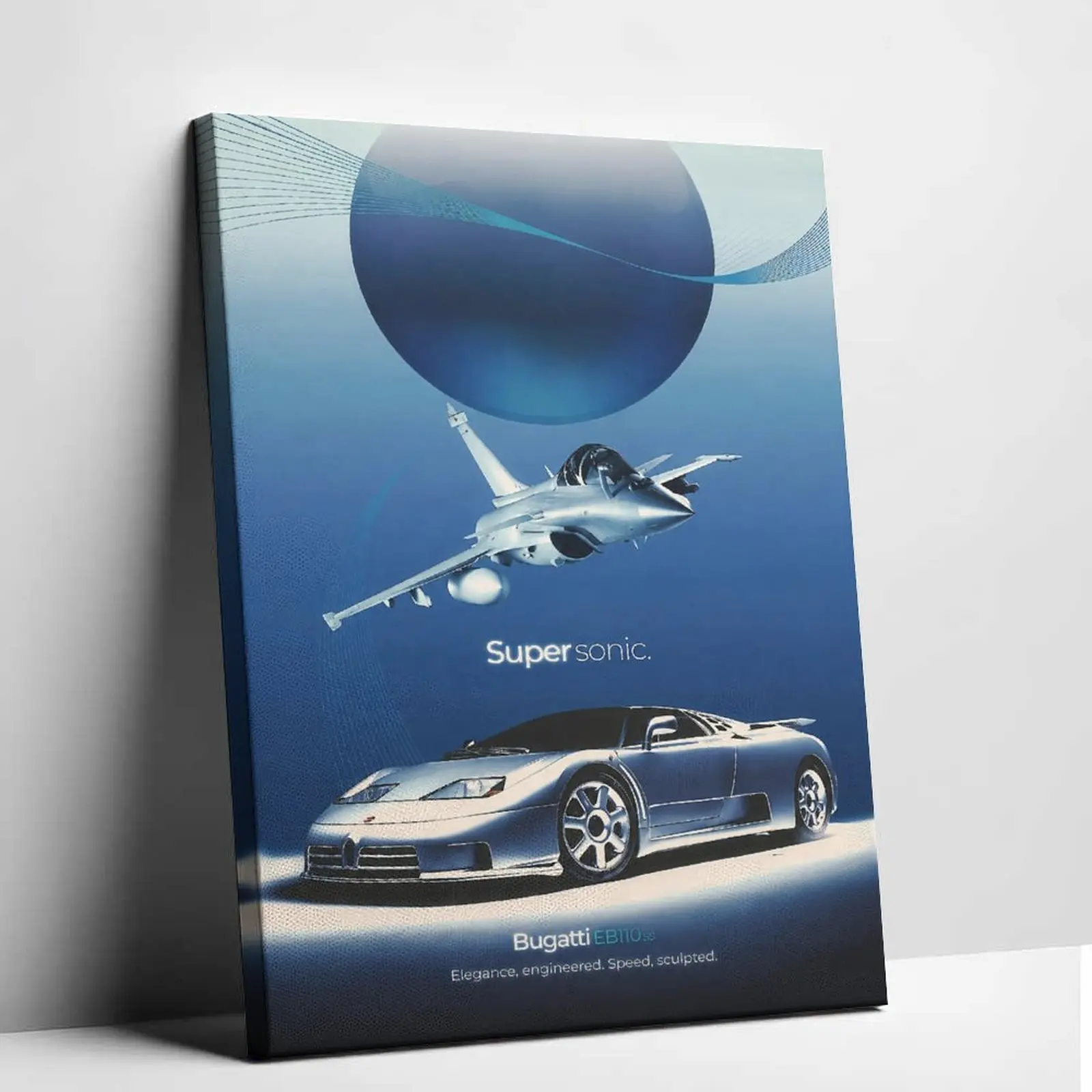 Bugatti EB110 SS Supercar Canvas Wall Art Fighter Jet Plane Supersonic Poster Print Vintage Silver Performance Car Canvas Painting Cool Vehicle Graphic Picture Decor for Living Room Garage