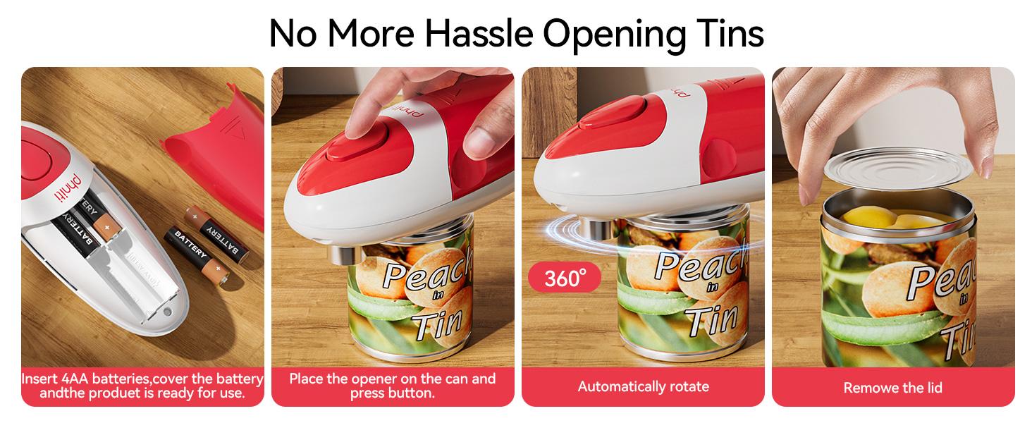 【Summervibes】Automatic Electric Can Opener with Automatic Operation, 1-Touch Handheld Battery-Powered Design, Smooth Edge, Safe Kitchen Tool for Home Use (Red) - Household Kitchen Specialty Appliance