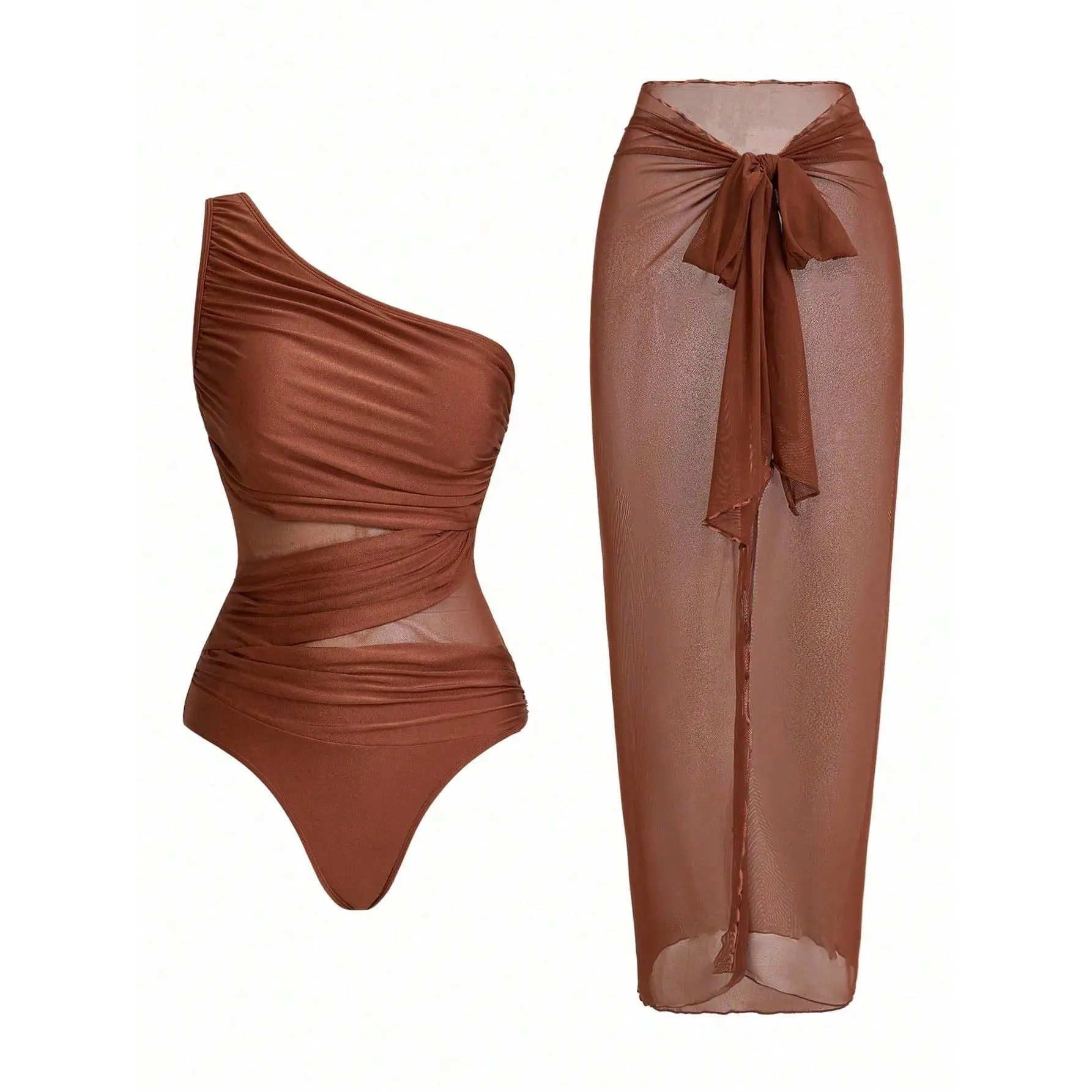 Women's Solid Color Ruched Mesh Panel 1-Piece Swimsuit, Bathing Suit With Sarong Skirt For Summer Beach Vacation, One Piece Swimsuit tiktokshopbacktoschool