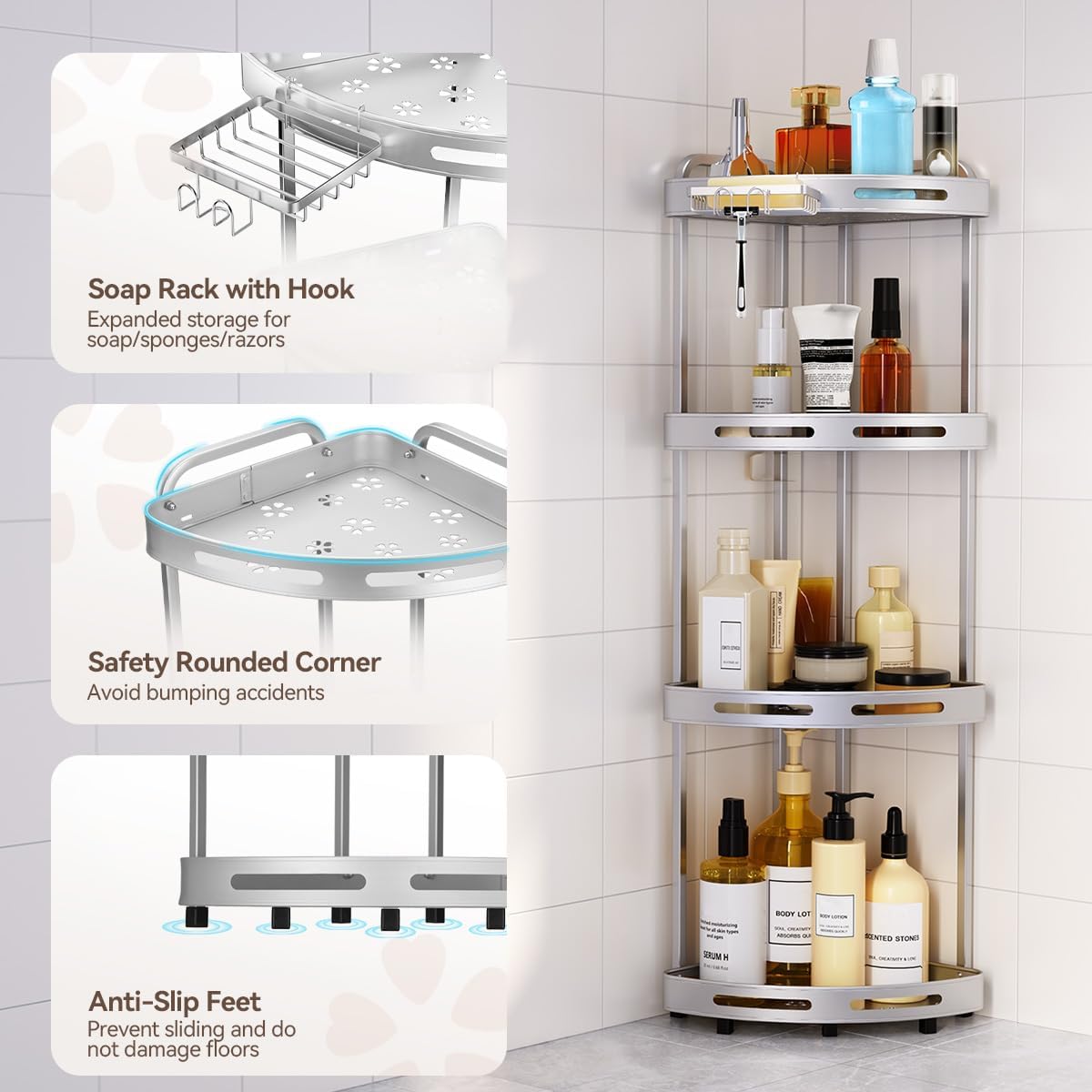 Corner Shower Caddy, 4 Tier Standing Shower Organizer with Soap Holder, Rustproof Stand Shower Shelves for Bathroom Shampoo Storage, Silver japanese  soaker  tub