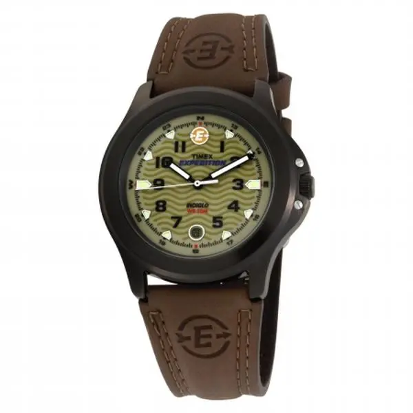 TIMEX Men's Analog Quartz Watch with Round Leather Strap, Adventure-Ready Olive Dial, Indiglo Illumination, Water-Friendly to 5 ATM / 50M, 5 Atm / 50 Meters, Buckle