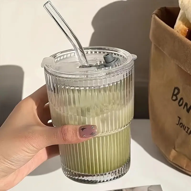 Transparent Reusable Glass Cup Set with Lid & Straw, Dishwasher Safe, Perfect for Iced Tea, Juice, Water, Milk Tea, Smoothies, Glass Drinking Cup, Stylish Drinkware, Drinking Glassware, Drinkware, Clear Cups with Lids and Straws