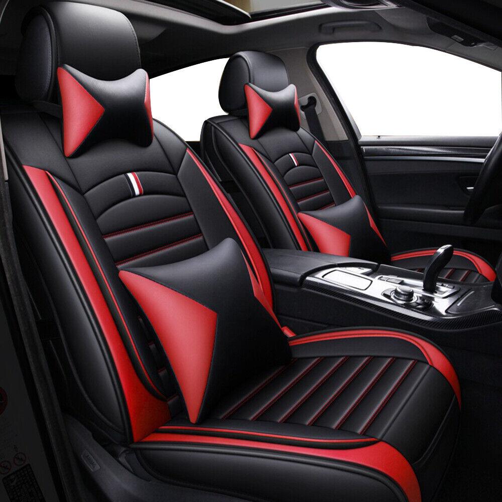 Premium Napa PU Leather Car Front Rear Seat Cover Full Set 5 Seat Protector Mat Breathable Cushion Pad Set Universal ,Full Surround Design with Storage Bag, with 2pcs Head Pillow and 2pcs Waist Pillow - Valentine's Day Gift For Lover