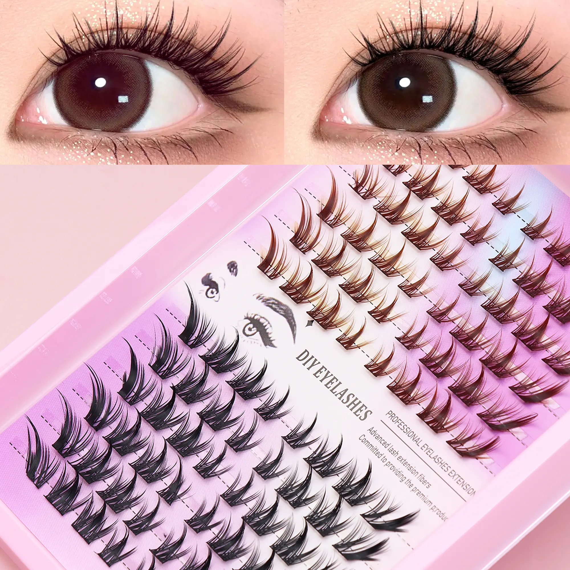 C Curl Black-Brown Mix Synthetic Eyelash Extensions, Winged Individual Fluffy Realistic Segmented Lash Clusters, Soft Lightweight Easy-To-Apply Cosmetic Makeup Tool