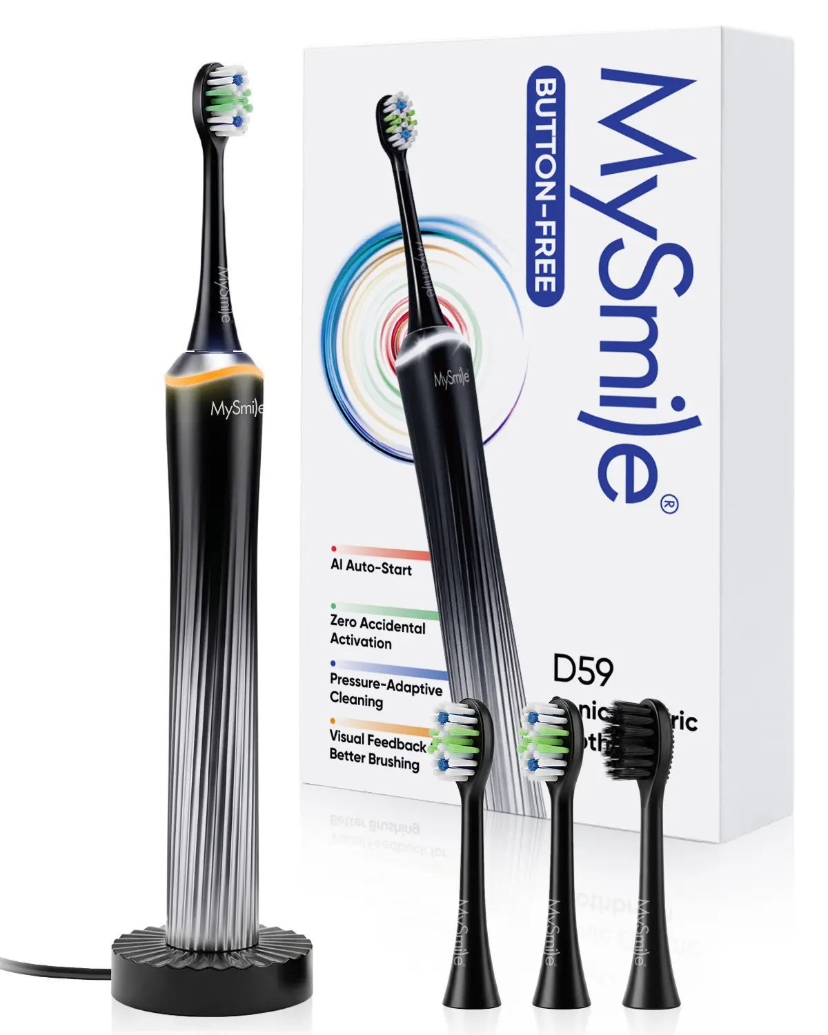 MySmile Sonic Electric Toothbrush for Adults with Deep Cleaning Mode, Pressure Sensor & Visual Light Ring - Cordless with Wireless Charger, 3 Brush Heads & 1-Year Warranty, Glacier Noir, Batteries, Deep Clean Mode, Cleansing, Daily Care, Includes Charger