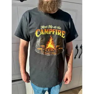 Men’s Classic Short Sleeve Graphic T-Shirt - "Meet Me at the Campfire” Stumps Around Campfire Edition - Black - Cotton