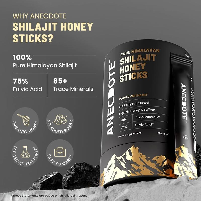 ANECDOTE Himalayan Shilajit Honey Sticks with Organic Honey & Saffron | Boosts Stamina | Supports Immunity | 75% Fulvic Acid, 85+ Trace Minerals | No Added Sugar | 30 Sticks